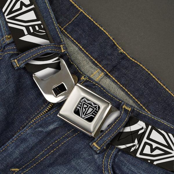 Buckle-Down BD Wings Logo CLOSE-UP Full Color Black Silver Seatbelt Belt - BD Logo/BUCKLE-DOWN Script Black/White Webbing