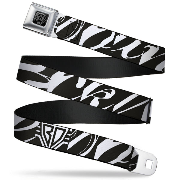 Buckle-Down BD Wings Logo CLOSE-UP Full Color Black Silver Seatbelt Belt - BD Logo/BUCKLE-DOWN Script Black/White Webbing