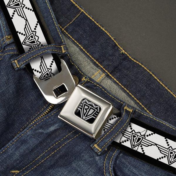 Buckle-Down BD Wings Logo CLOSE-UP Full Color Black Silver Seatbelt Belt - BD Monogram2 White/Black Webbing