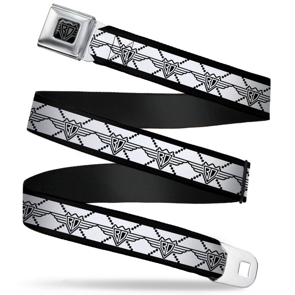 Buckle-Down BD Wings Logo CLOSE-UP Full Color Black Silver Seatbelt Belt - BD Monogram2 White/Black Webbing