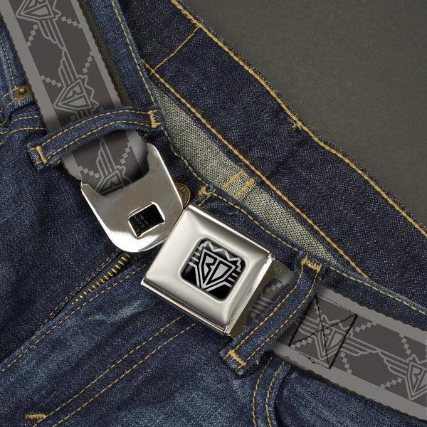 Buckle-Down BD Wings Logo CLOSE-UP Full Color Black Silver Seatbelt Belt - BD Monogram2 Grays Webbing