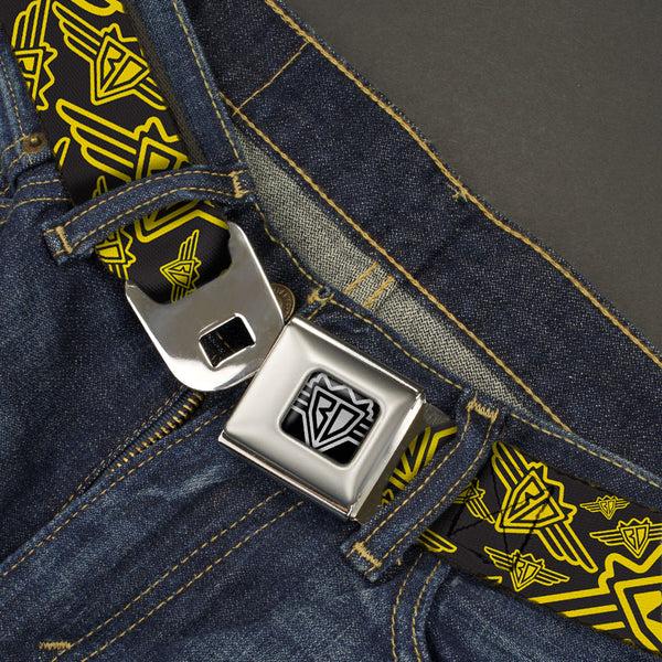 Buckle-Down BD Wings Logo CLOSE-UP Full Color Black Silver Seatbelt Belt - BD Logo Scattered Black/Yellow Webbing