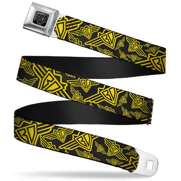 Buckle-Down BD Wings Logo CLOSE-UP Full Color Black Silver Seatbelt Belt - BD Logo Scattered Black/Yellow Webbing