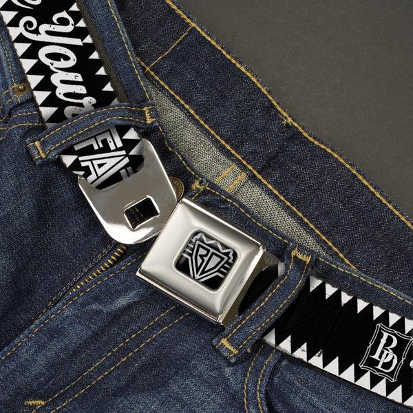 Buckle-Down BD Wings Logo CLOSE-UP Full Color Black Silver Seatbelt Belt - BD Skull MAKE YOUR FATE Black/White Webbing