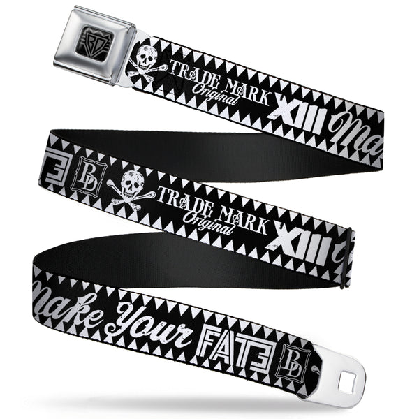 Buckle-Down BD Wings Logo CLOSE-UP Full Color Black Silver Seatbelt Belt - BD Skull MAKE YOUR FATE Black/White Webbing
