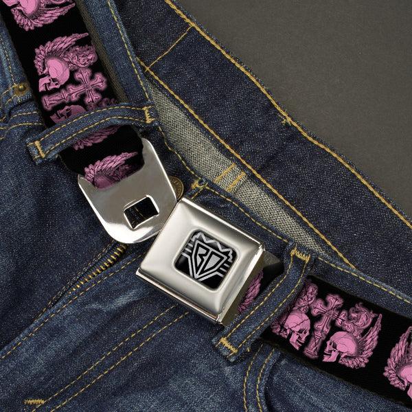 Buckle-Down BD Wings Logo CLOSE-UP Full Color Black Silver Seatbelt Belt - BD Skulls W/Wings Black/Pink Webbing
