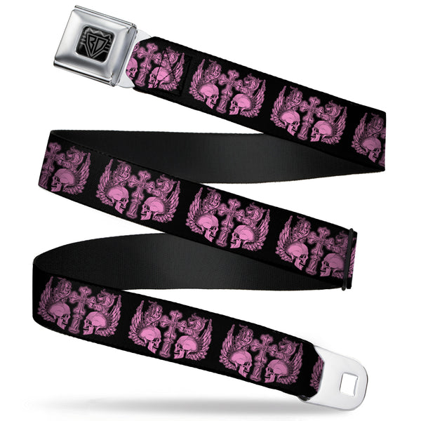 Buckle-Down BD Wings Logo CLOSE-UP Full Color Black Silver Seatbelt Belt - BD Skulls w/Wings Black/Pink Webbing