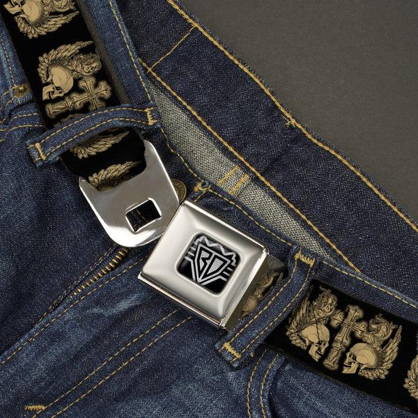 Buckle-Down BD Wings Logo CLOSE-UP Full Color Black Silver Seatbelt Belt - BD Skulls W/Wings Black/Tan Webbing