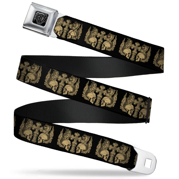 Buckle-Down BD Wings Logo CLOSE-UP Full Color Black Silver Seatbelt Belt - BD Skulls w/Wings Black/Tan Webbing