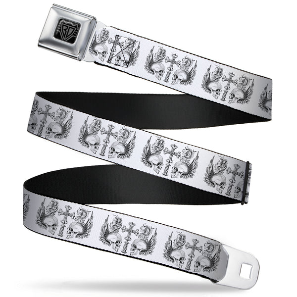 Buckle-Down BD Wings Logo CLOSE-UP Full Color Black Silver Seatbelt Belt - BD Skulls w/Wings White/Black Webbing