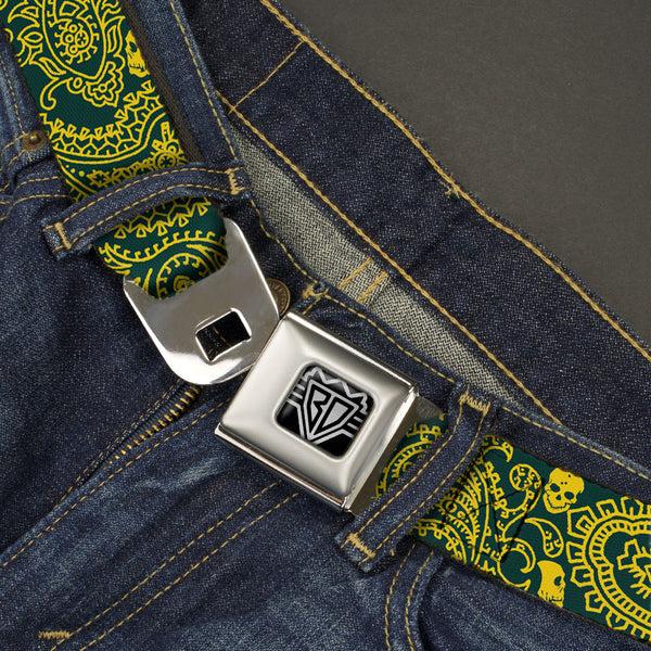 Buckle-Down BD Wings Logo CLOSE-UP Full Color Black Silver Seatbelt Belt - Bandana/Skulls Green/Gold Webbing