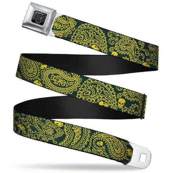 Buckle-Down BD Wings Logo CLOSE-UP Full Color Black Silver Seatbelt Belt - Bandana/Skulls Green/Gold Webbing