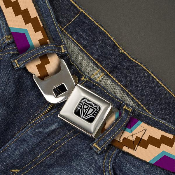 Buckle-Down BD Wings Logo CLOSE-UP Full Color Black Silver Seatbelt Belt - Aztec18 Tan/Brown/Turquoise/Purple Webbing