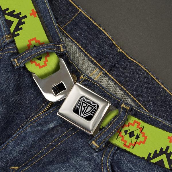 Buckle-Down BD Wings Logo CLOSE-UP Full Color Black Silver Seatbelt Belt - Aztec20 Green/Orange/Black Webbing