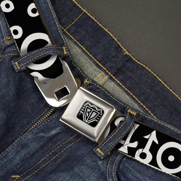 Buckle-Down BD Wings Logo CLOSE-UP Full Color Black Silver Seatbelt Belt - Alchemy Symbols CLOSE-UP Black/White Webbing