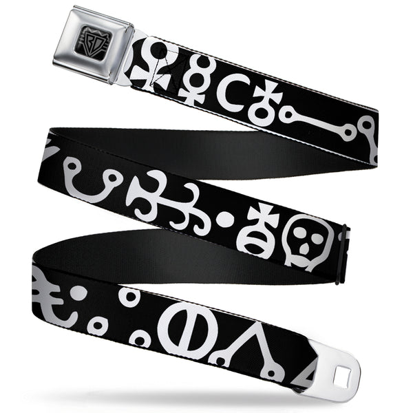Buckle-Down BD Wings Logo CLOSE-UP Full Color Black Silver Seatbelt Belt - Alchemy Symbols CLOSE-UP Black/White Webbing