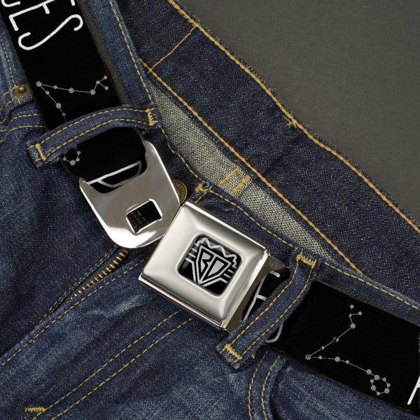 Buckle-Down BD Wings Logo CLOSE-UP Full Color Black Silver Seatbelt Belt - Zodiac PISCES/Constellation Black/White Webbing