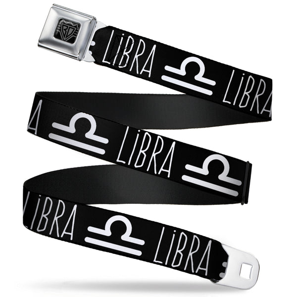 Buckle-Down BD Wings Logo CLOSE-UP Full Color Black Silver Seatbelt Belt - Zodiac LIBRA/Symbol Black/White Webbing