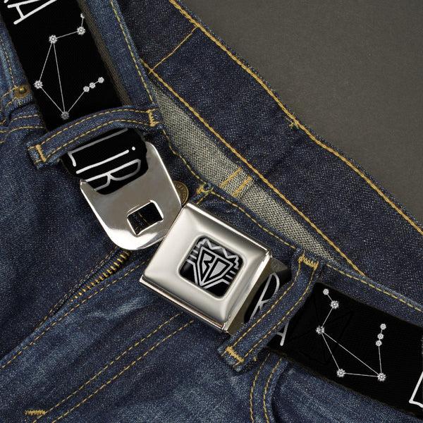Buckle-Down BD Wings Logo CLOSE-UP Full Color Black Silver Seatbelt Belt - Zodiac LIBRA/Constellation Black/White Webbing
