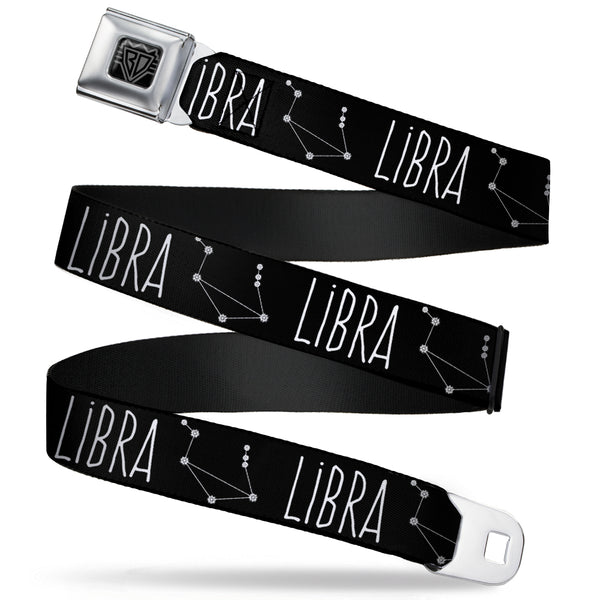 Buckle-Down BD Wings Logo CLOSE-UP Full Color Black Silver Seatbelt Belt - Zodiac LIBRA/Constellation Black/White Webbing
