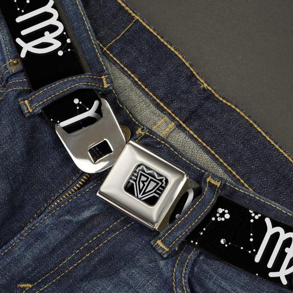 Buckle-Down BD Wings Logo CLOSE-UP Full Color Black Silver Seatbelt Belt - Zodiac Virgo Symbol/Constellations Black/White Webbing