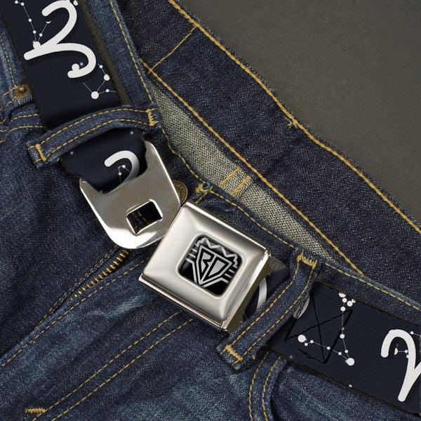 Buckle-Down BD Wings Logo CLOSE-UP Full Color Black Silver Seatbelt Belt - Zodiac Aries Symbol/Constellations Black/White Webbing