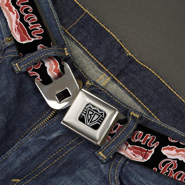 Buckle-Down BD Wings Logo CLOSE-UP Full Color Black Silver Seatbelt Belt - BACON Baseball Script Webbing