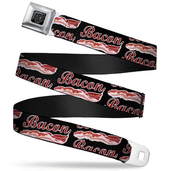Buckle-Down BD Wings Logo CLOSE-UP Full Color Black Silver Seatbelt Belt - BACON Baseball Script Webbing