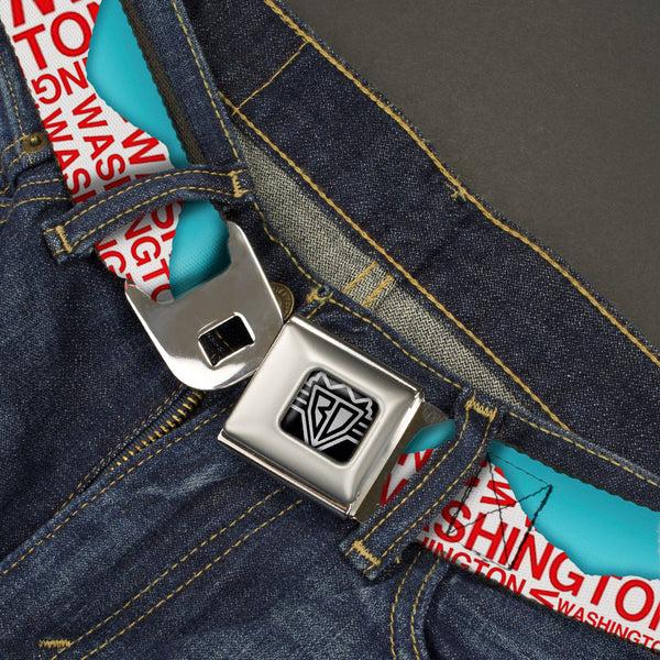 Buckle-Down BD Wings Logo CLOSE-UP Full Color Black Silver Seatbelt Belt - WASHINGTON Mountain Range Turquoise/White/Red Webbing