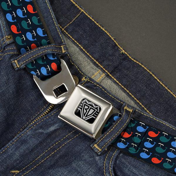 Buckle-Down BD Wings Logo CLOSE-UP Full Color Black Silver Seatbelt Belt - Whales Navy/Green/Blue/Red Webbing