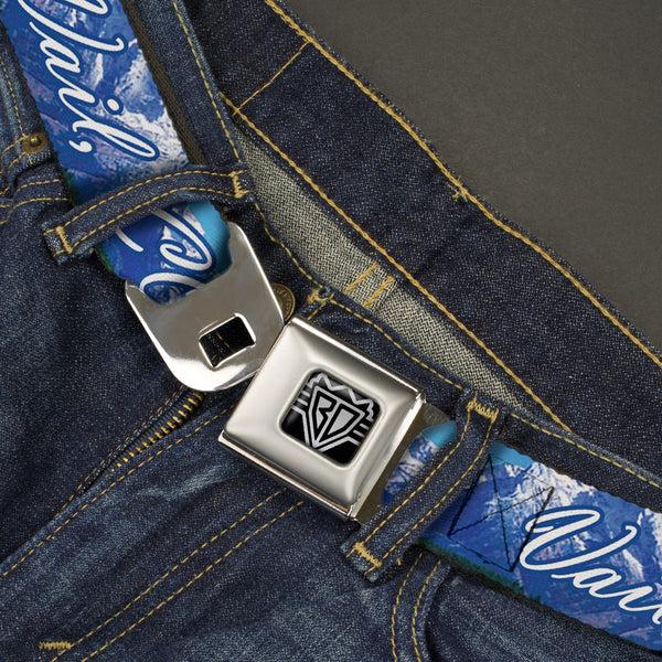 Buckle-Down BD Wings Logo CLOSE-UP Full Color Black Silver Seatbelt Belt - Vivid VAIL CO Script/Mountain Landscape Blues/White Webbing