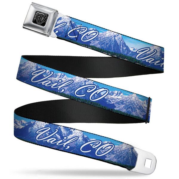 Buckle-Down BD Wings Logo CLOSE-UP Full Color Black Silver Seatbelt Belt - Vivid VAIL CO Script/Mountain Landscape Blues/White Webbing