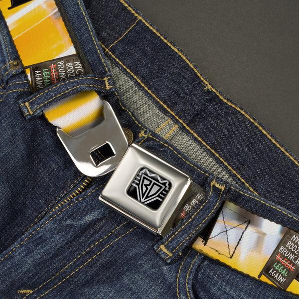 Buckle-Down BD Wings Logo CLOSE-UP Full Color Black Silver Seatbelt Belt - Vivid NYC Brunch Sign/Mimosa Webbing