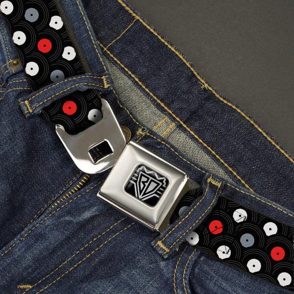Buckle-Down BD Wings Logo CLOSE-UP Full Color Black Silver Seatbelt Belt - Vinyl Records Stacked Black/Gray/Red/White Webbing