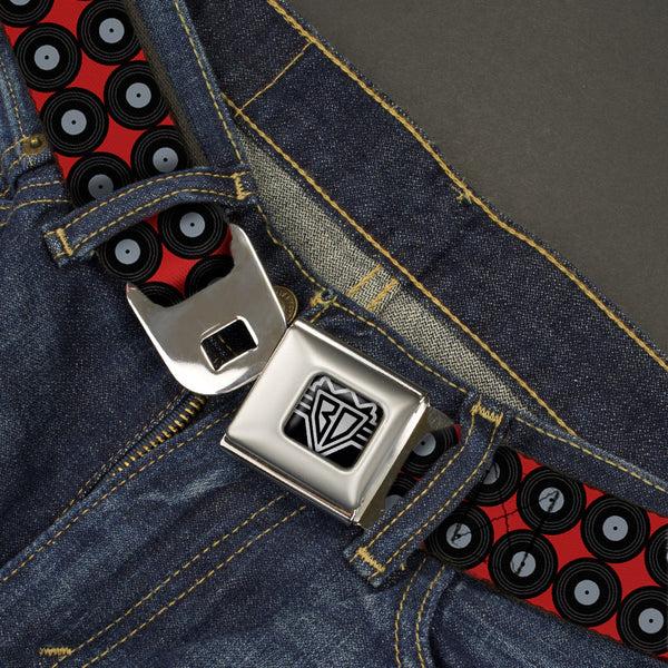 Buckle-Down BD Wings Logo CLOSE-UP Full Color Black Silver Seatbelt Belt - Vinyl Records 2-Stripe Red/Black/Gray Webbing