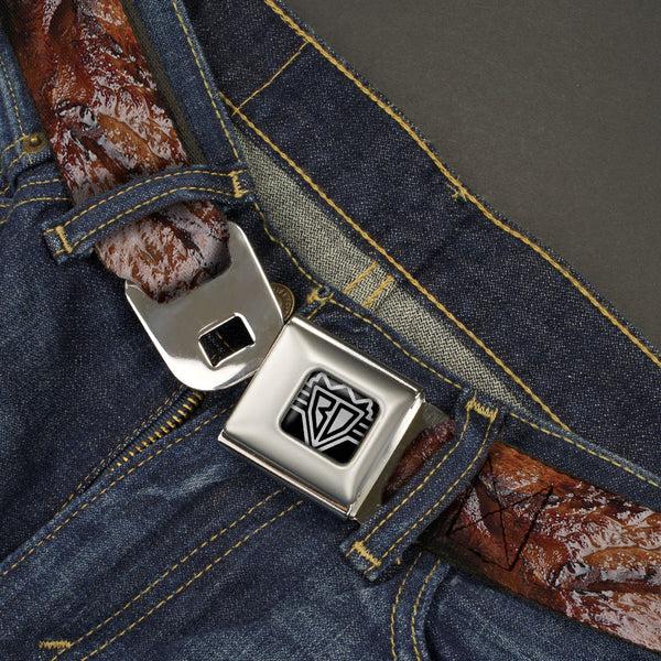 Buckle-Down BD Wings Logo CLOSE-UP Full Color Black Silver Seatbelt Belt - Vivid Grilled Steak Webbing