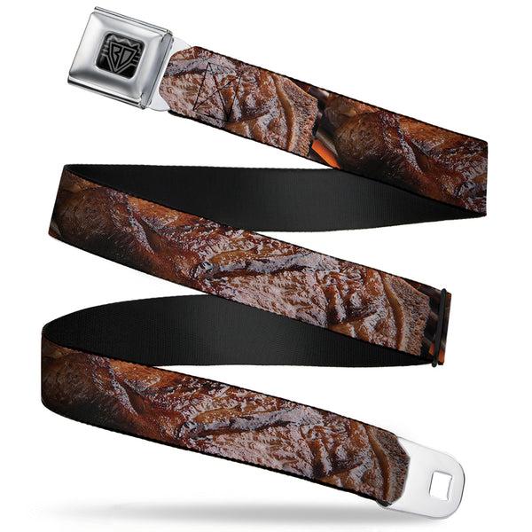 Buckle-Down BD Wings Logo CLOSE-UP Full Color Black Silver Seatbelt Belt - Vivid Grilled Steak Webbing