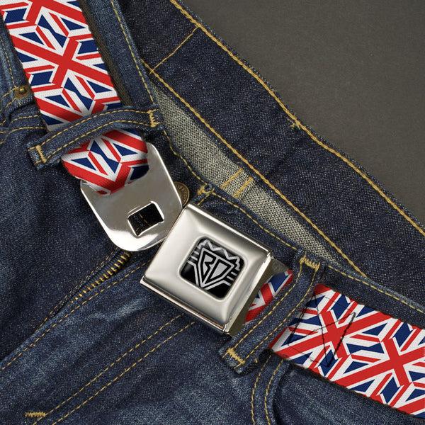 Buckle-Down BD Wings Logo CLOSE-UP Full Color Black Silver Seatbelt Belt - United Kingdom Flags Diagonal Webbing