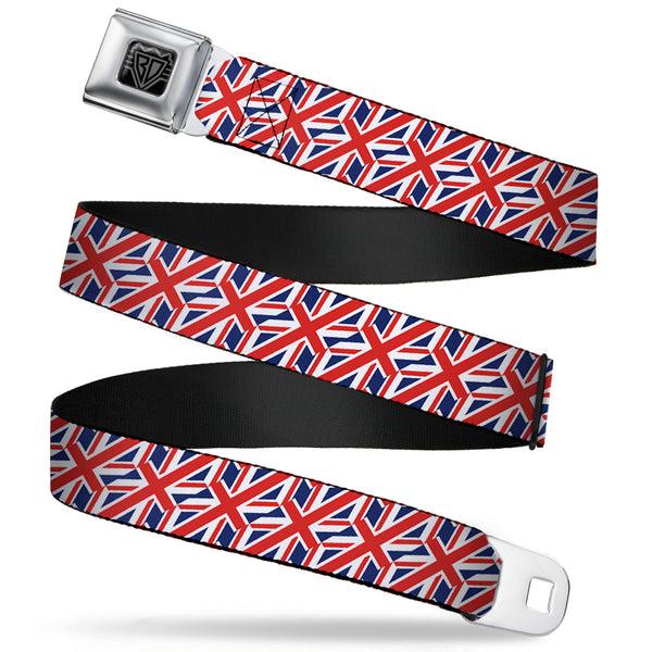Buckle-Down BD Wings Logo CLOSE-UP Full Color Black Silver Seatbelt Belt - United Kingdom Flags Diagonal Webbing