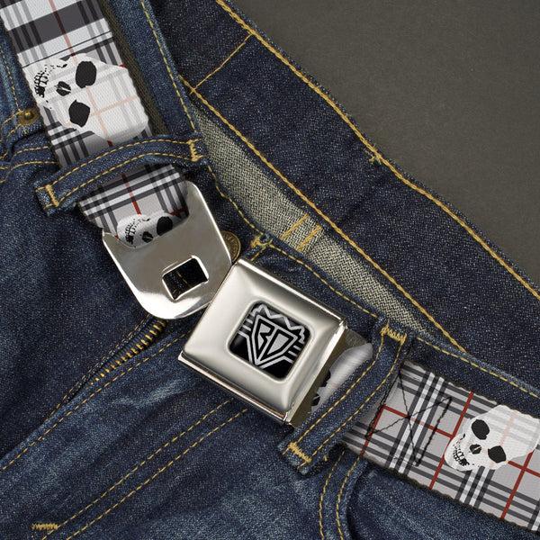 Buckle-Down BD Wings Logo CLOSE-UP Full Color Black Silver Seatbelt Belt - Tilted Skulls Plaid Gray Webbing
