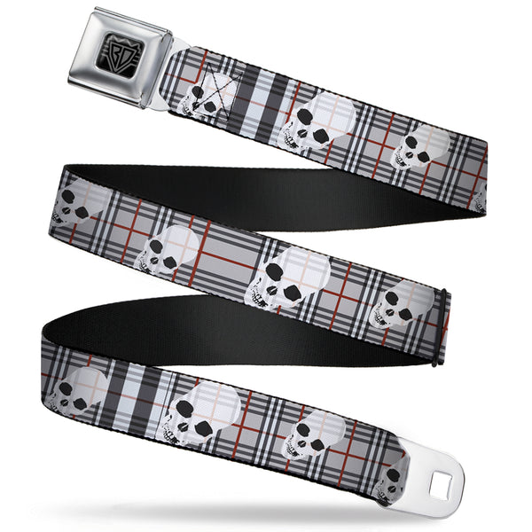 Buckle-Down BD Wings Logo CLOSE-UP Full Color Black Silver Seatbelt Belt - Tilted Skulls Plaid Gray Webbing