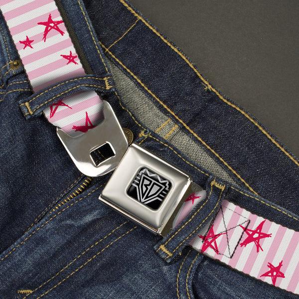 Buckle-Down BD Wings Logo CLOSE-UP Full Color Black Silver Seatbelt Belt - Sketch Stars W/Stripes Pink/White/Fuchsia Webbing