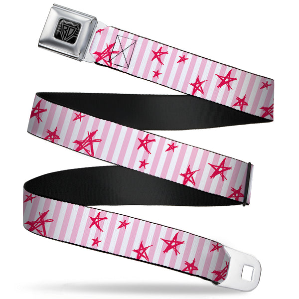 Buckle-Down BD Wings Logo CLOSE-UP Full Color Black Silver Seatbelt Belt - Sketch Stars w/Stripes Pink/White/Fuchsia Webbing