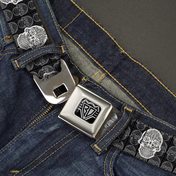 Buckle-Down BD Wings Logo CLOSE-UP Full Color Black Silver Seatbelt Belt - Skull Candy Black/Gray/White Webbing