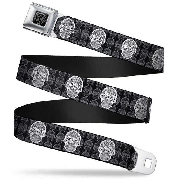 Buckle-Down BD Wings Logo CLOSE-UP Full Color Black Silver Seatbelt Belt - Skull Candy Black/Gray/White Webbing