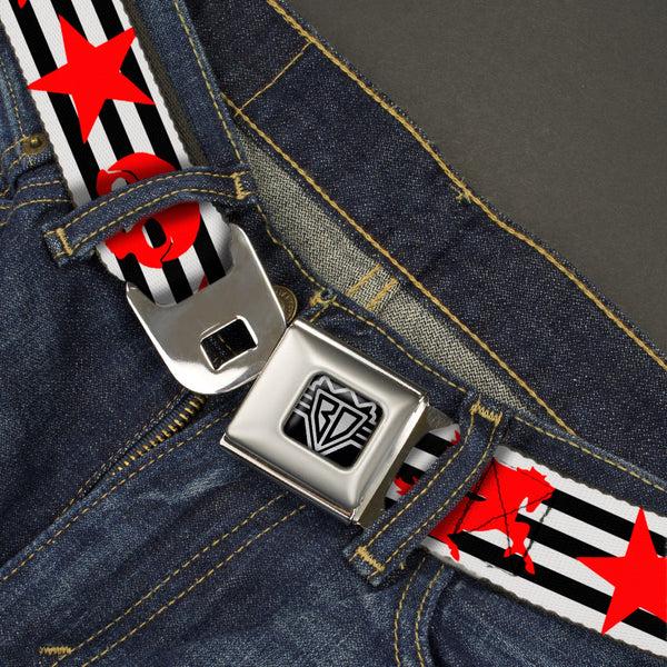 Buckle-Down BD Wings Logo CLOSE-UP Full Color Black Silver Seatbelt Belt - Stripes & Stars Black/White/Red Webbing