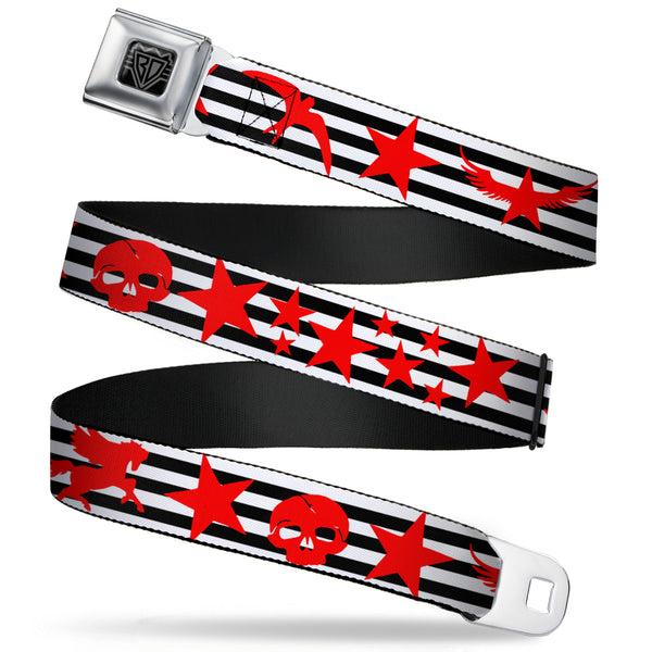 Buckle-Down BD Wings Logo CLOSE-UP Full Color Black Silver Seatbelt Belt - Stripes & Stars Black/White/Red Webbing