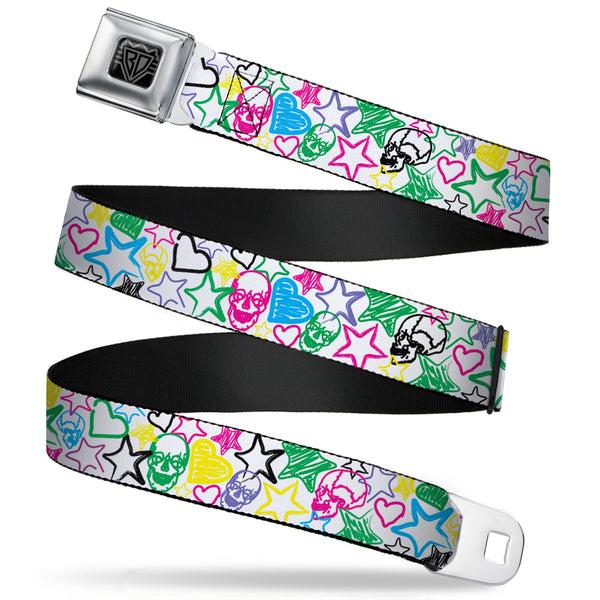 Buckle-Down BD Wings Logo CLOSE-UP Full Color Black Silver Seatbelt Belt - Sketch Skull/Star/Heart White/Multi Color Webbing