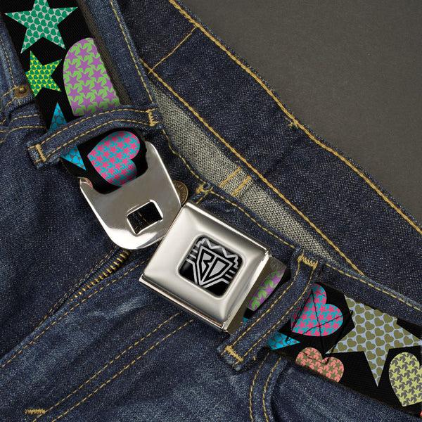 Buckle-Down BD Wings Logo CLOSE-UP Full Color Black Silver Seatbelt Belt - Stars-In Hearts-In Stars Black/Multi Webbing