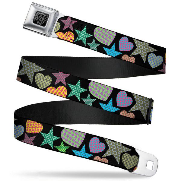 Buckle-Down BD Wings Logo CLOSE-UP Full Color Black Silver Seatbelt Belt - Stars-In Hearts-In Stars Black/Multi Webbing